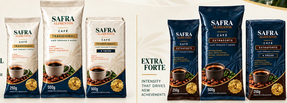 Linhas Tradicional e Extraforte do café Safra em 250 g, 500 g e a vácuo
